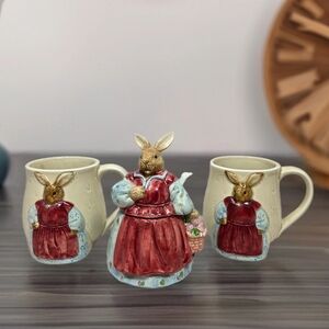 Vintage Otagirl Mrs Rabbit Ceramics 2 Tea Cups-Sugar Holder & Spoon Edith Coll.